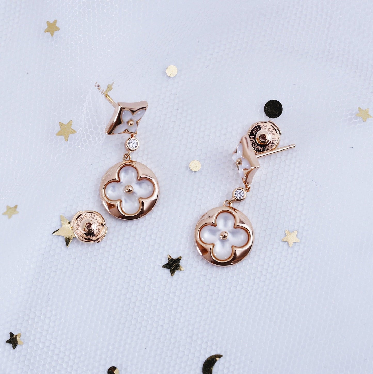 [baslovejewels]STAR AND SUN PINK GOLD MOP DROP EARRINGS