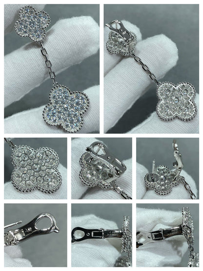 [AURORA]CLOVER 2 MOTIFS DIAMOND PAVED SILVER EARRINGS