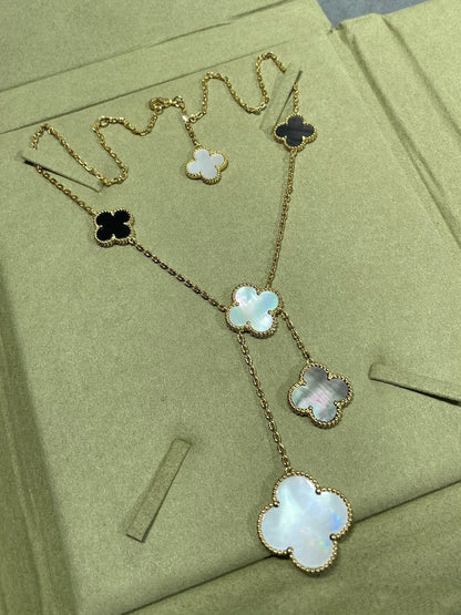 [AURORA]CLOVER 6 MOTIF MOP ONYX GOLD NECKLACE