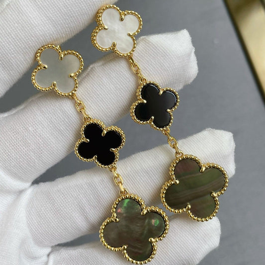 [AURORA]CLOVER 3 MOTIF MOP ONYX DARK MOP PINK GOLD EARRINGS