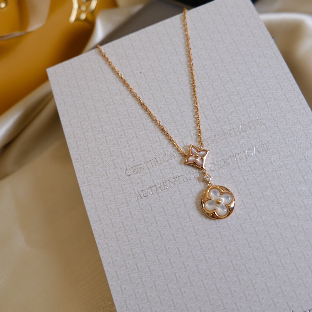 [baslovejewels]STAR AND SUN WHITE MOP 2 MOTIF PINK GOLD NECKLACE
