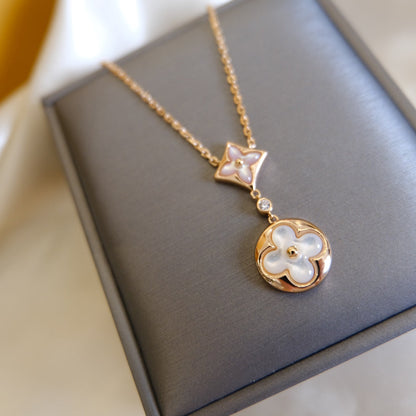 [baslovejewels]STAR AND SUN WHITE MOP 2 MOTIF PINK GOLD NECKLACE