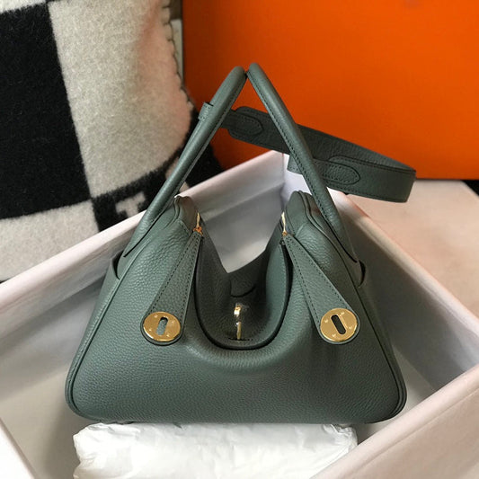 HM LINDY 30 BAG IN DARK GREEN CALFSKIN GOLD HARDWARE