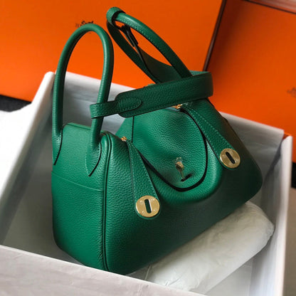 HM LINDY 30 BAG IN OCEAN GREEN CALFSKIN GOLD HARDWARE