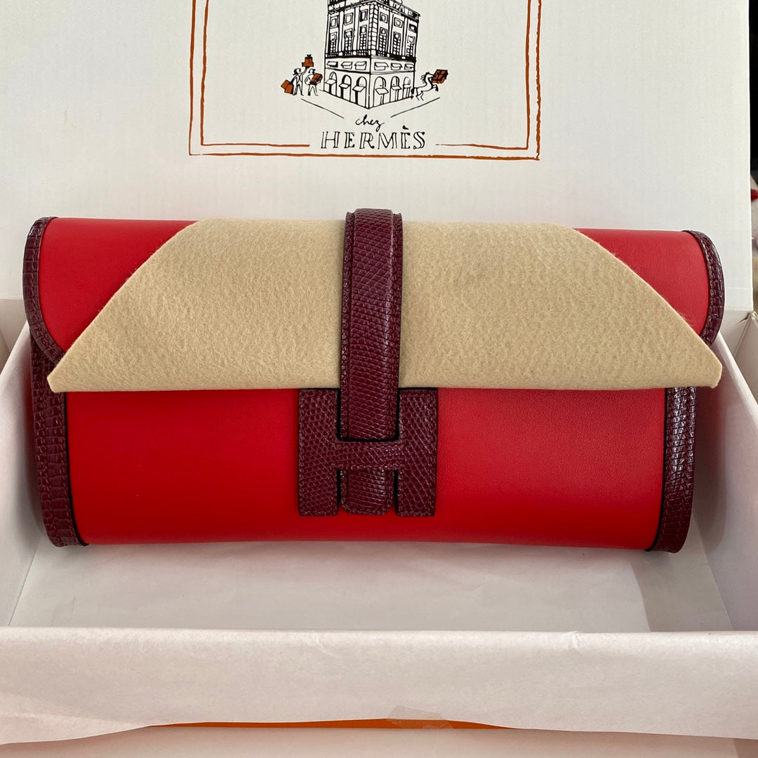 JIGE ELAN 29 CLUTCH IN CANDY RED CALFSKIN WITH WINE RED LIZARD SKIN (MADE-TO-ODER)