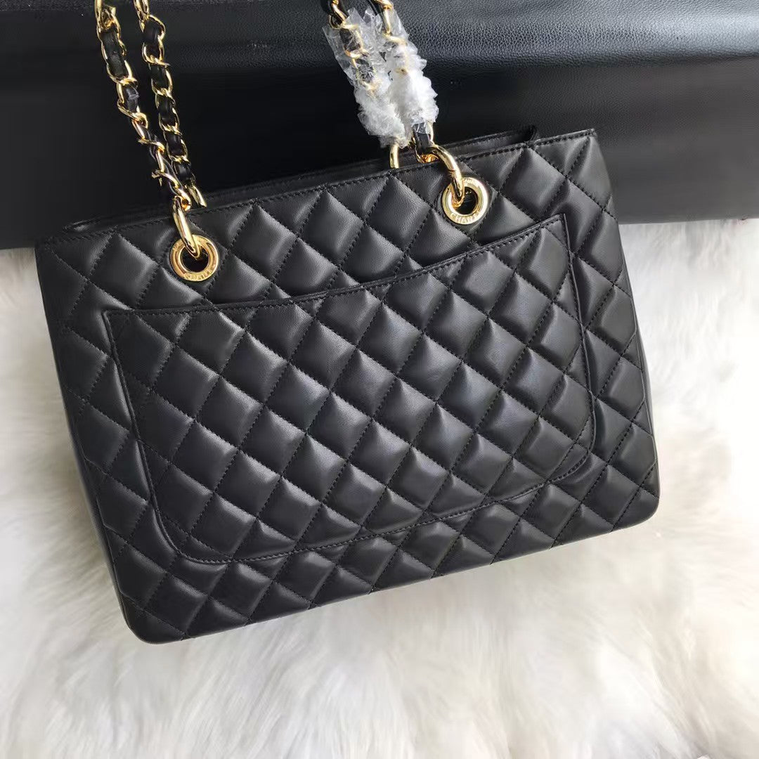 GST BLACE LEATHER SHOPPING BAG WITH GOLD HARDWARE