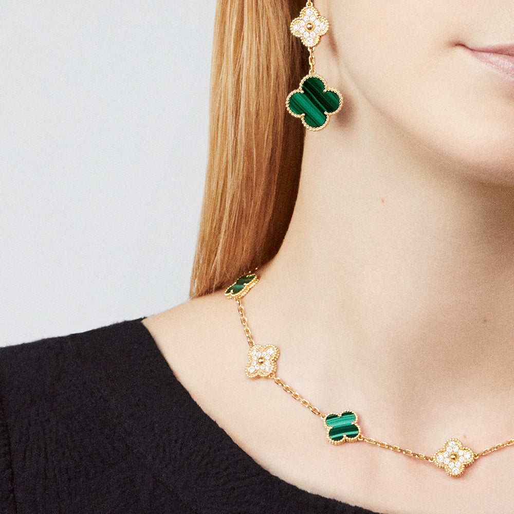[AURORA]CLOVER 10 MOTIFS MALACHITE DIAMOND NECKLACE