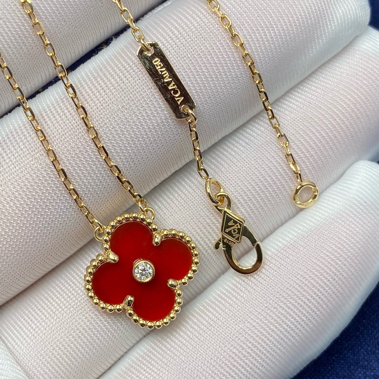 [basloveJW]クローバー 15mm ダイヤモンド カーネリアン ネックレス
