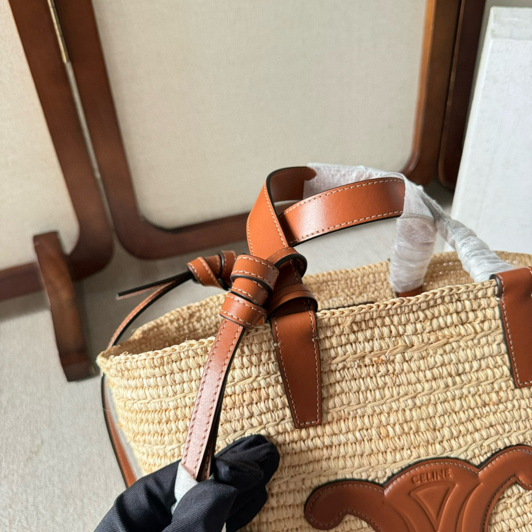 TEEN SUPPLE CELINE CLASSIC PANIER IN RAFFIA AND CALFSKIN TAN