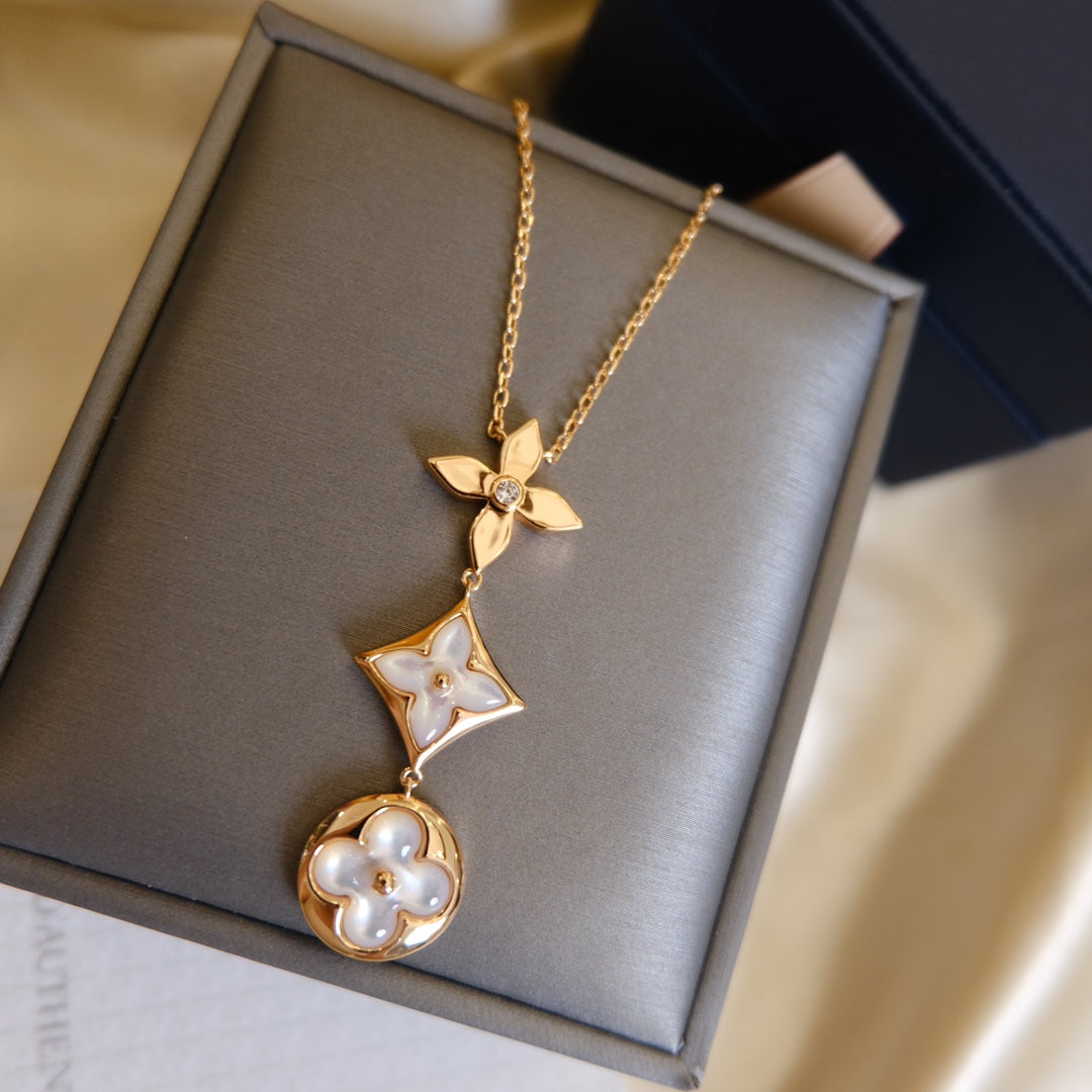 [baslovejewels]COLOR BLOSSOM LARIAT NECKLACE PINK GOLD WHITE MOTHER PEARL AND DIAMOND