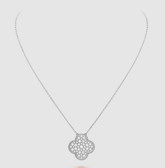 [basloveJW]CLOVER 25MM GROSSER ANHÄNGER MIT DIAMANTEN BEFESTIGT SILBER HALSKETTE
