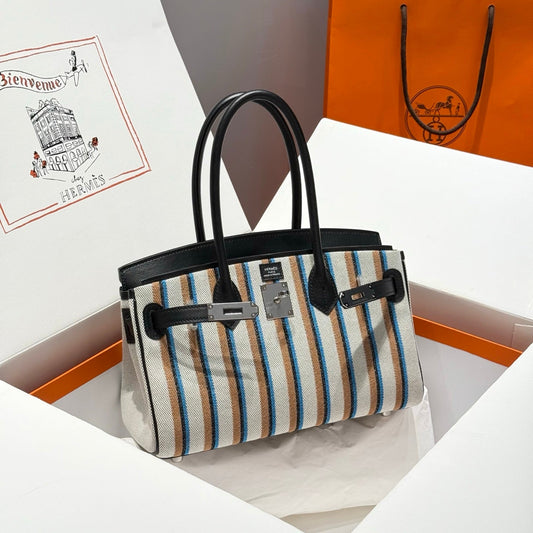 BIRKIN SHOULDER 29 IN BLACK CALFSKIN ÉCRU/NOIR/FAUVE/NOIR/BLEU ZANZIBAR EMBROIDERY CANVAS