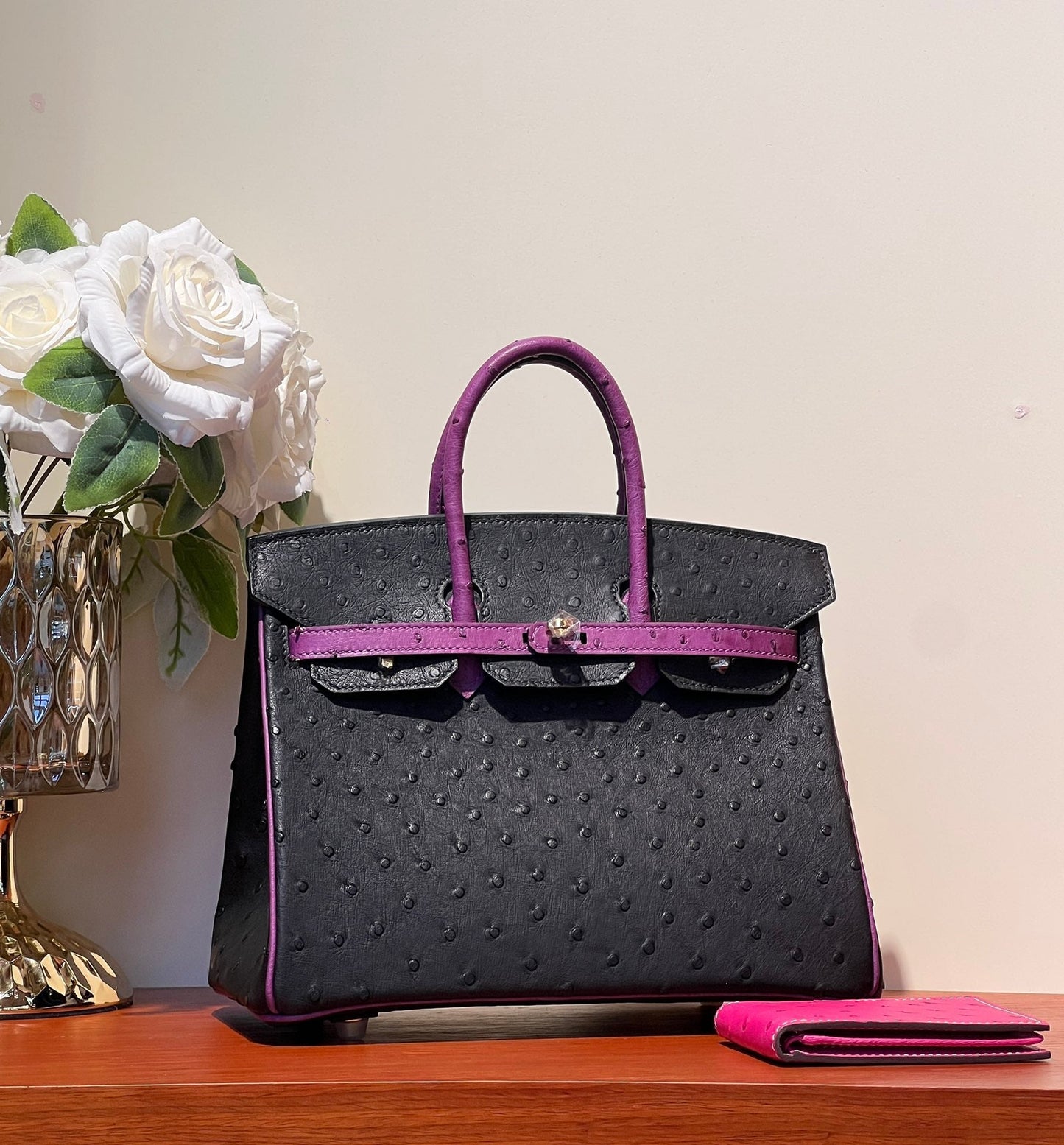 KELLY  SELLIER 25 BAG IN BLACK MIX ORCHID PURPLE OSTRICH LEATHER (MADE-TO-ODER)
